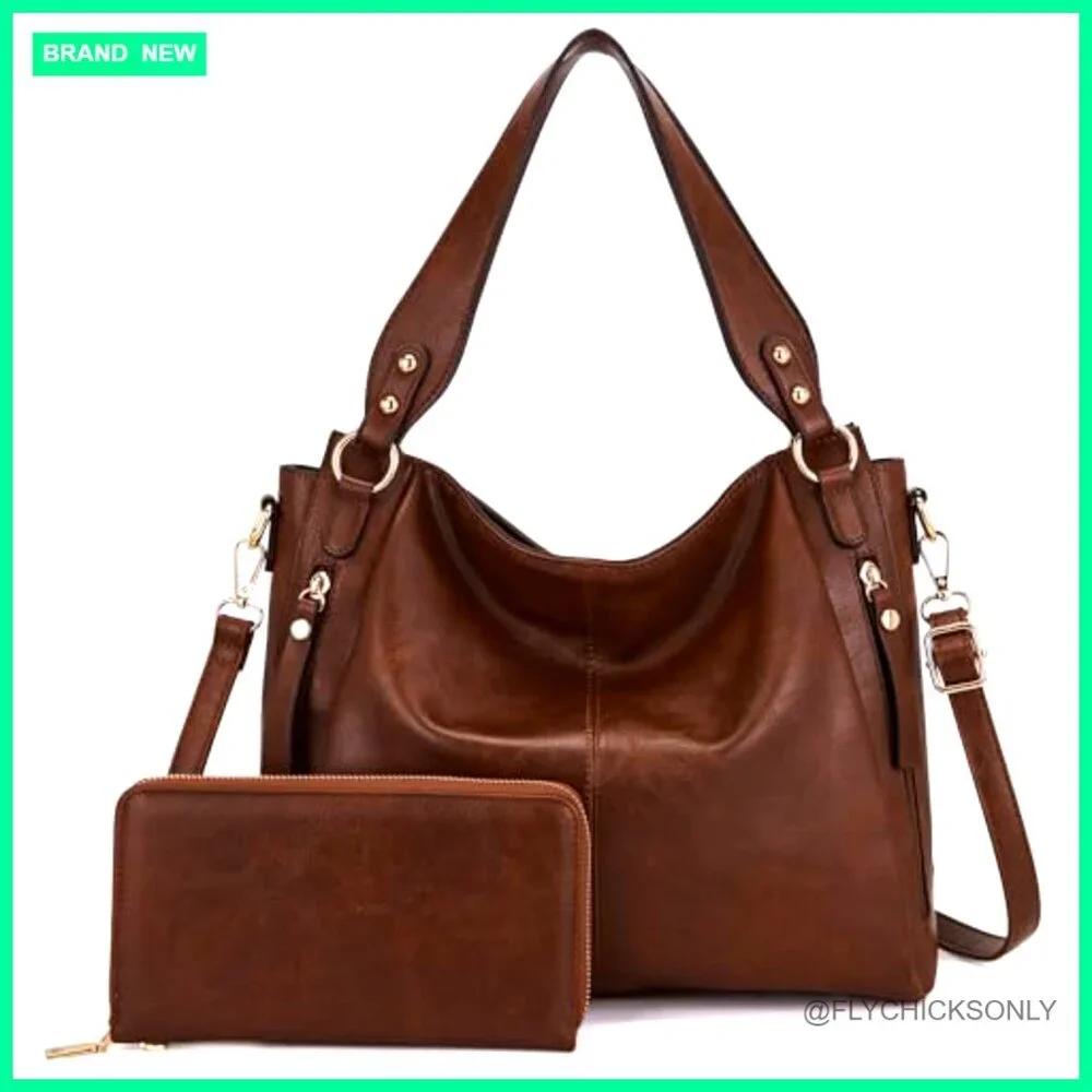 Large Hobo Tote with Wallet Set, Vegan Leather, Adjustable Strap, Multi-Pocket